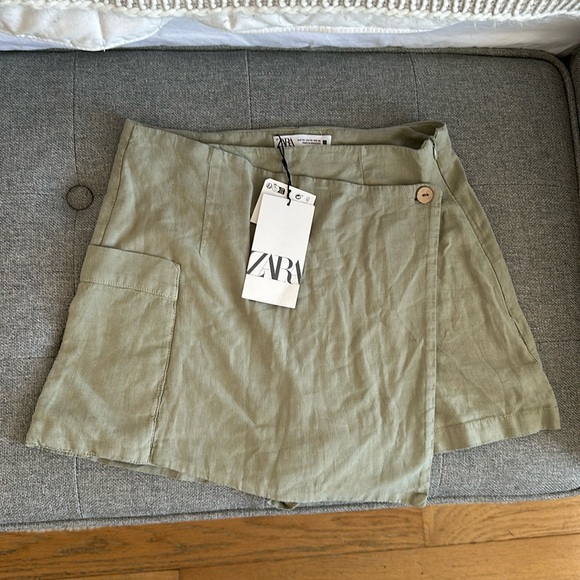 ZARA LINEN MINI SKORT SKIRT SHORTS XS ARMY SAGE GREEN 3188/716 SUMMER CUTE KHAKI - Picture 6 of 9